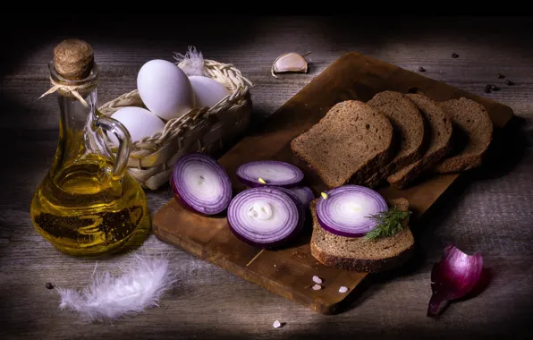 The dark background, oil, eggs, ring, bow, bread, still life, items