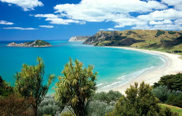 Sea, the sky, clouds, trees, mountains, nature, rock, island