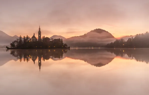 Forest, mountains, lake, reflection, dawn, island, mystic, Slovenia