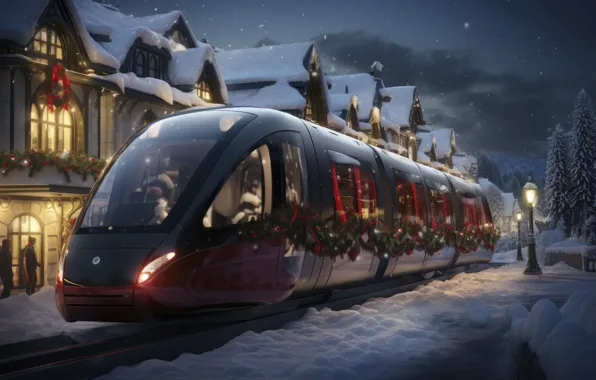 Winter, snow, decoration, night, street, train, New Year, Christmas
