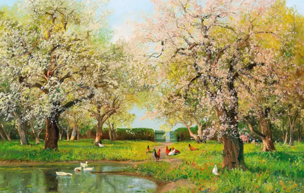 Trees, Picture, Alois Arnegger, Alois Arnegger, Austrian painter, Chickens, Large summer landscape with flowering trees