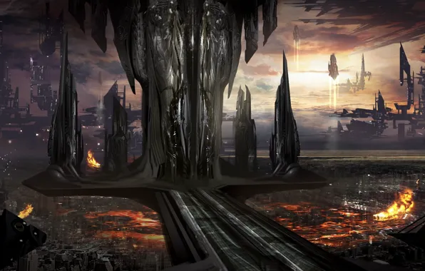 The city, future, fire, transport, ships, art, facilities, giant