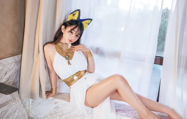 Picture white, gold, dress, woman, cat, jewelry, headband, Asian