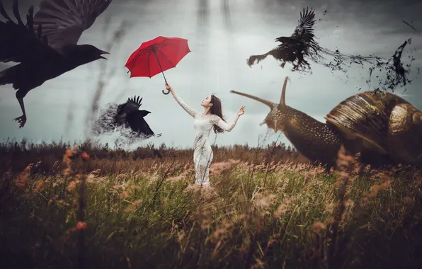Field, grass, girl, hair, snail, dress, crows, red umbrella
