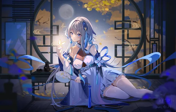 Autumn, night, butterfly, The moon, booze, Genshin Impact, the girl is squatting, Guizhong