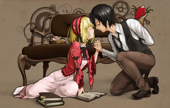 Picture kiss, bouquet, chair, sweets, book, gosick, Victorica de Blois, kujou kazuya