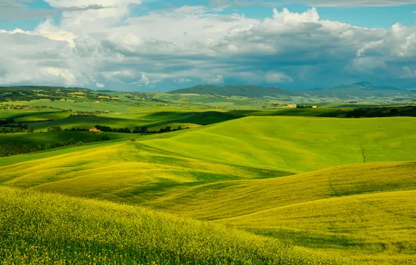 The sky, Clouds, Italy, Field, Landscape, Tuscany hills; Nature