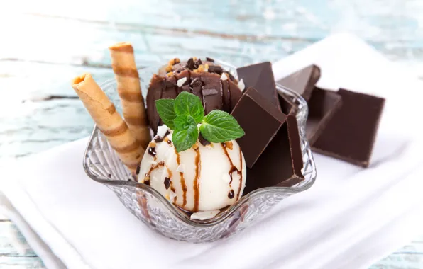 Picture summer, chocolate, sticks, ice cream, nuts, napkin, mint leaves