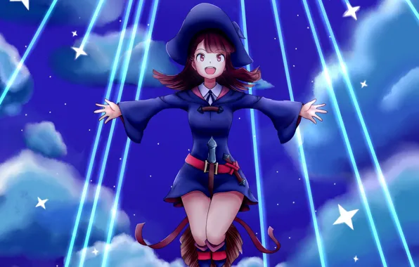 Girl, moon, hat, anime, stars, asian, witch, japanese