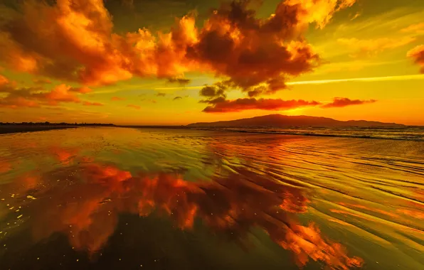 The sky, clouds, sunset, mountains, lake, reflection, glow