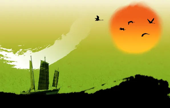 Picture sea, the sky, the sun, landscape, bird, yacht, sail