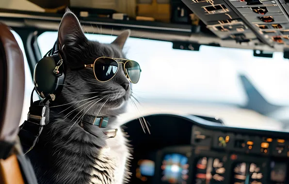 Cat, pilot, the plane, pilot, Boeing, the cockpit