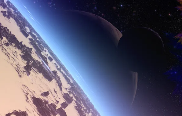 Stars, mountains, planet