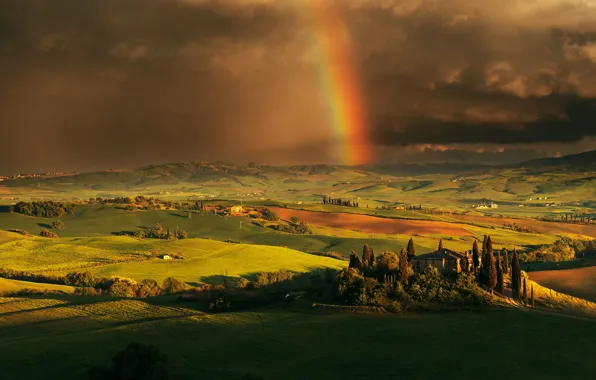 Picture field, summer, light, trees, clouds, hills, view, rainbow