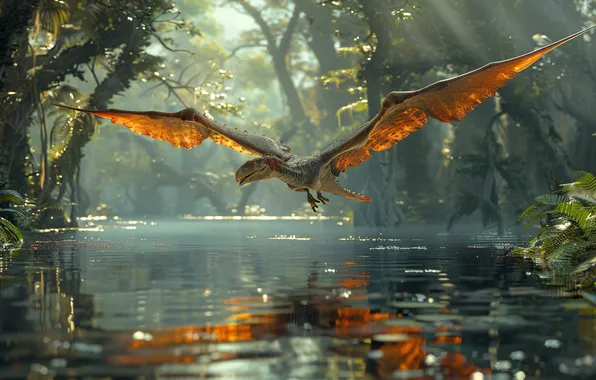 Water, Flight, Wings, Jungle, Animals, Digital art, Dinosaurs, Pterodactyls