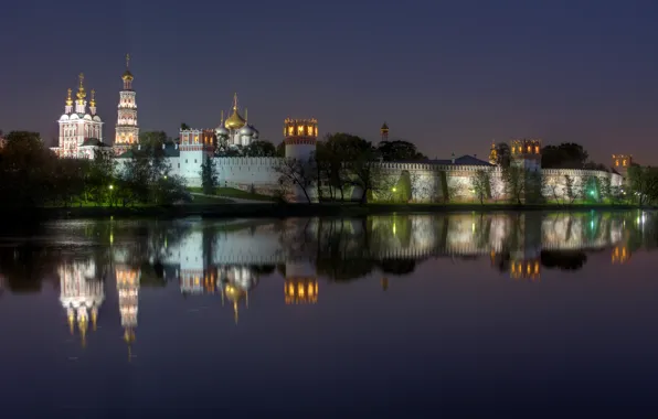 Night, lights, reflection, river, wall, Moscow, tower, Russia