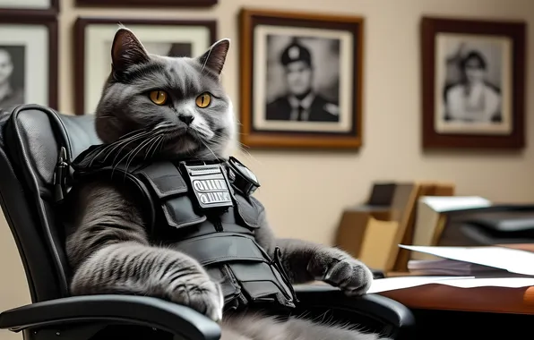 Cat, police, chair, grey cat, police officer, the armor is yellow