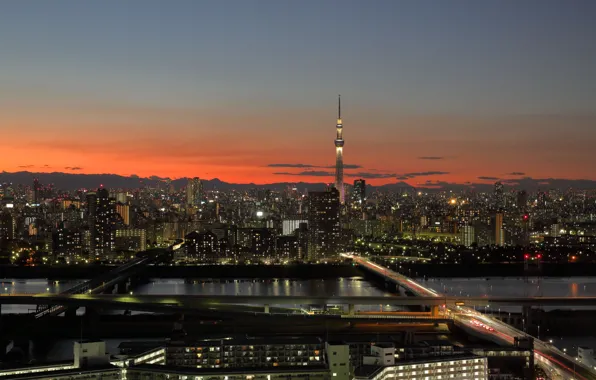 Tokyo, Japan, twilight, sunset, clouds, hills, dusk, silhouette