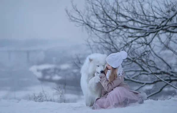 Winter, snow, joy, dog, girl, Samoyed