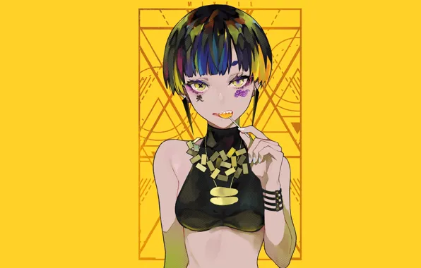 Look, decoration, anime, Lollipop, yellow background, anime, look, digital art