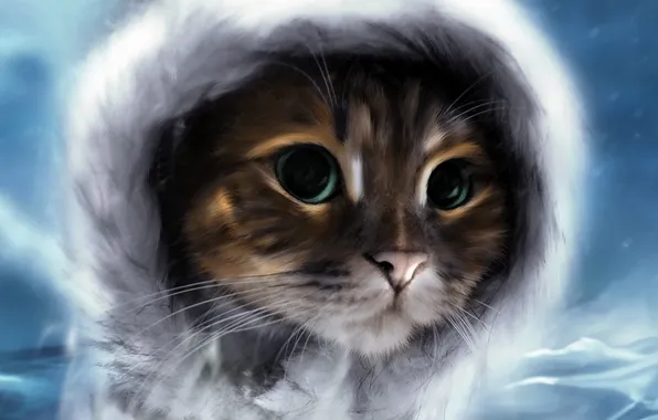 Picture winter, cat, cat, mountains, background, hood, fur, painting