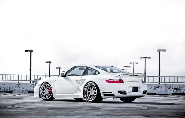 Picture white, 997, Porsche, white, Porsche, Turbo, the rear part, turbo