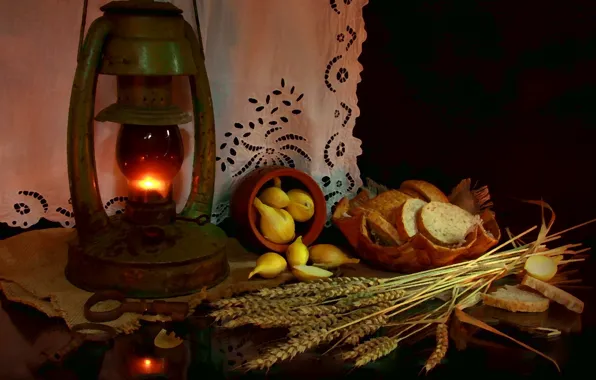 Picture wheat, lamp, bow, bread, still life, rustic food