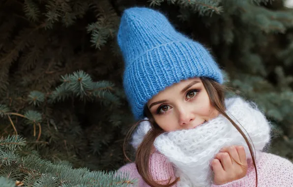 Picture winter, girl, hat, tree, scarf