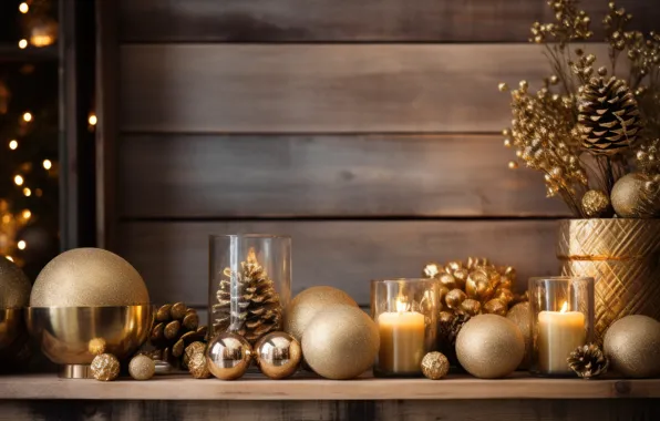 Balls, gold, Board, Christmas, New year, gold plated, gold, Christmas decorations