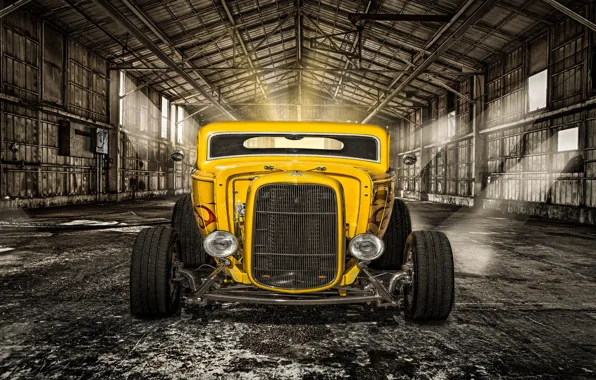 Yellow, retro, lights, hangar, classic, the front, hot-rod, classic car