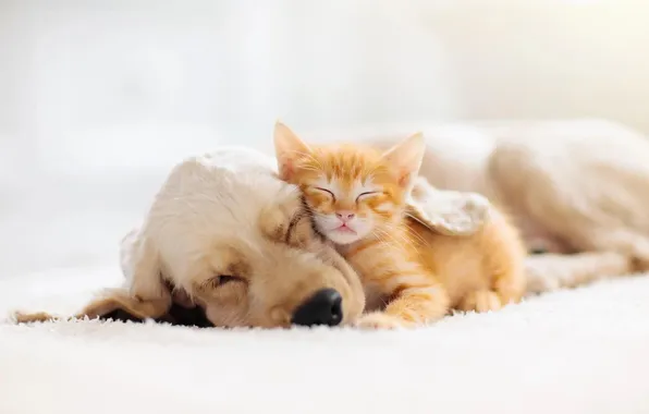 Cat, look, pose, kitty, together, sleep, dog, red