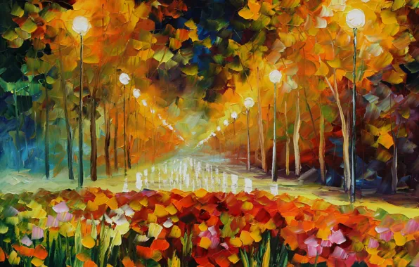 Picture light, street, picture, lights, painting, Leonid Afremov