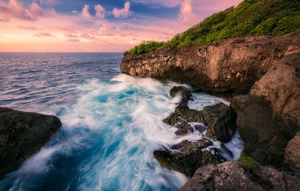 Sea, wave, the sky, clouds, stones, rocks, dawn, shore