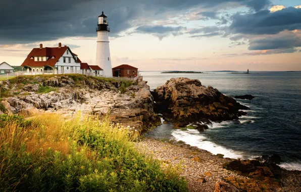 Coast, lighthouse, Maine, Cape Elizabeth, Portland Head Light, Gulf of Maine