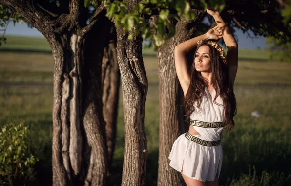 Girl, trees, pose, wreath, long hair, tunic, Sergey Sorokin