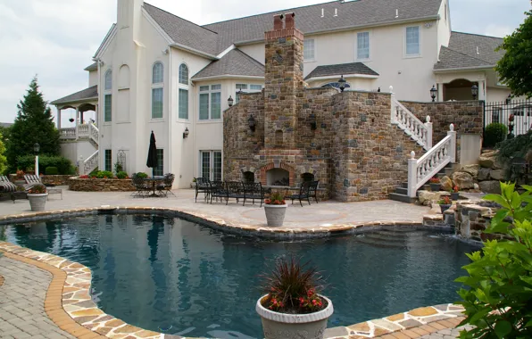 Wallpaper Luxury villa, architecture, terrace, mansion, Outdoor Fireplace, pool, Open fireplace