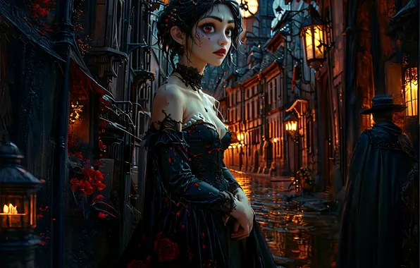The moon, lights, lane, night city, beautiful girl, street, digital art, digital art