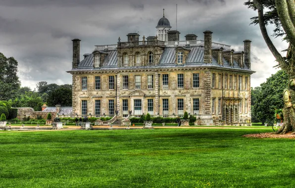 Greens, grass, clouds, trees, clouds, house, overcast, lawn