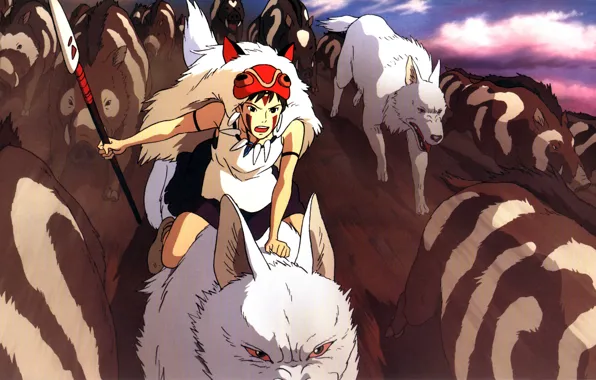 Attack, chase, mask, fangs, spear, Moro, Princess Mononoke, top