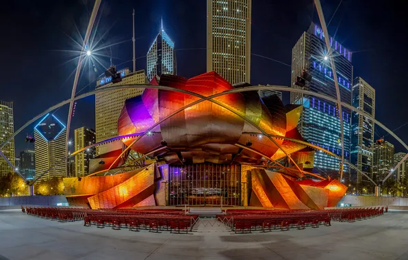 Night, the city, theatre, USA, Chicago, Illinois, Pritzker Pavilion