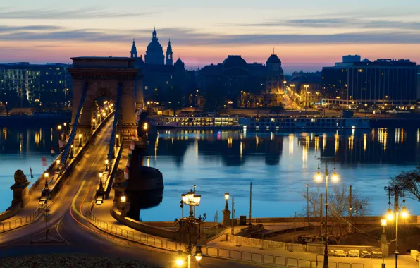 Road, night, bridge, lights, river, home, lights, promenade