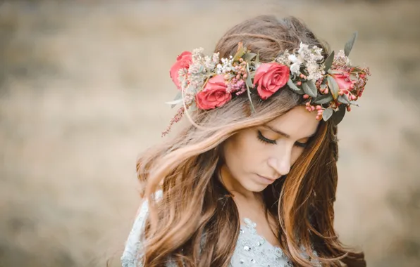Girl, flowers, mood, wreath