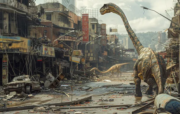The city, Street, Building, Dinosaur, Animal, Digital art, Devastation, Ancient animals