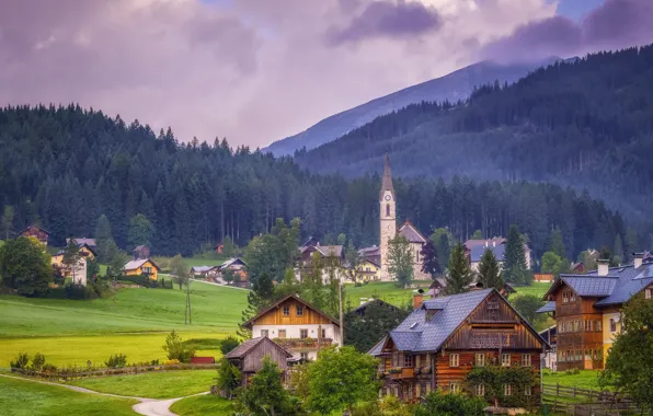 Mountains, home, Austria, valley, cows, Alps, Church, Austria