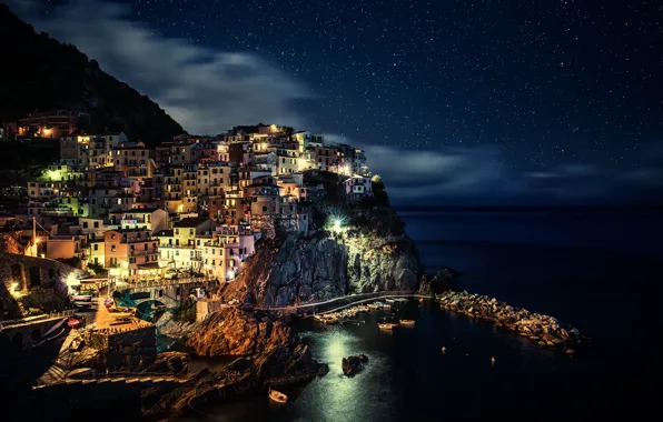 Sea, the sky, clouds, night, lights, rocks, coast, home