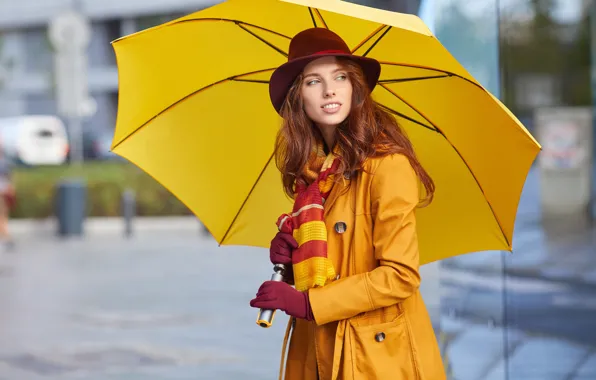 Pose, yellow, portrait, hat, umbrella, makeup, scarf, hairstyle