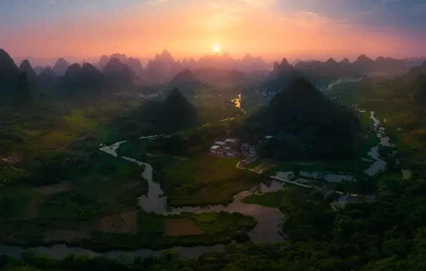 The sun, mountains, river, hills, China, haze