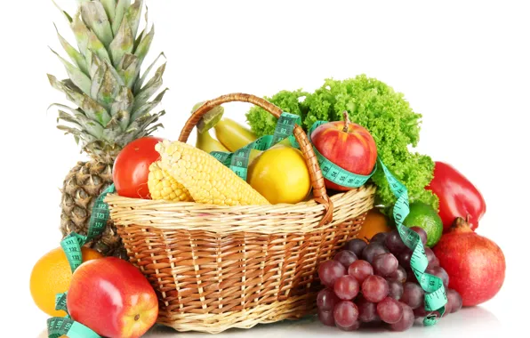 Picture lemon, basket, apples, corn, grapes, bananas, tape, white background