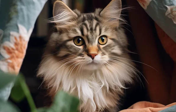 Cat, look, leaves, pose, kitty, fabric, face, sitting