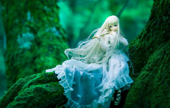 Tree, moss, doll, dress, flute